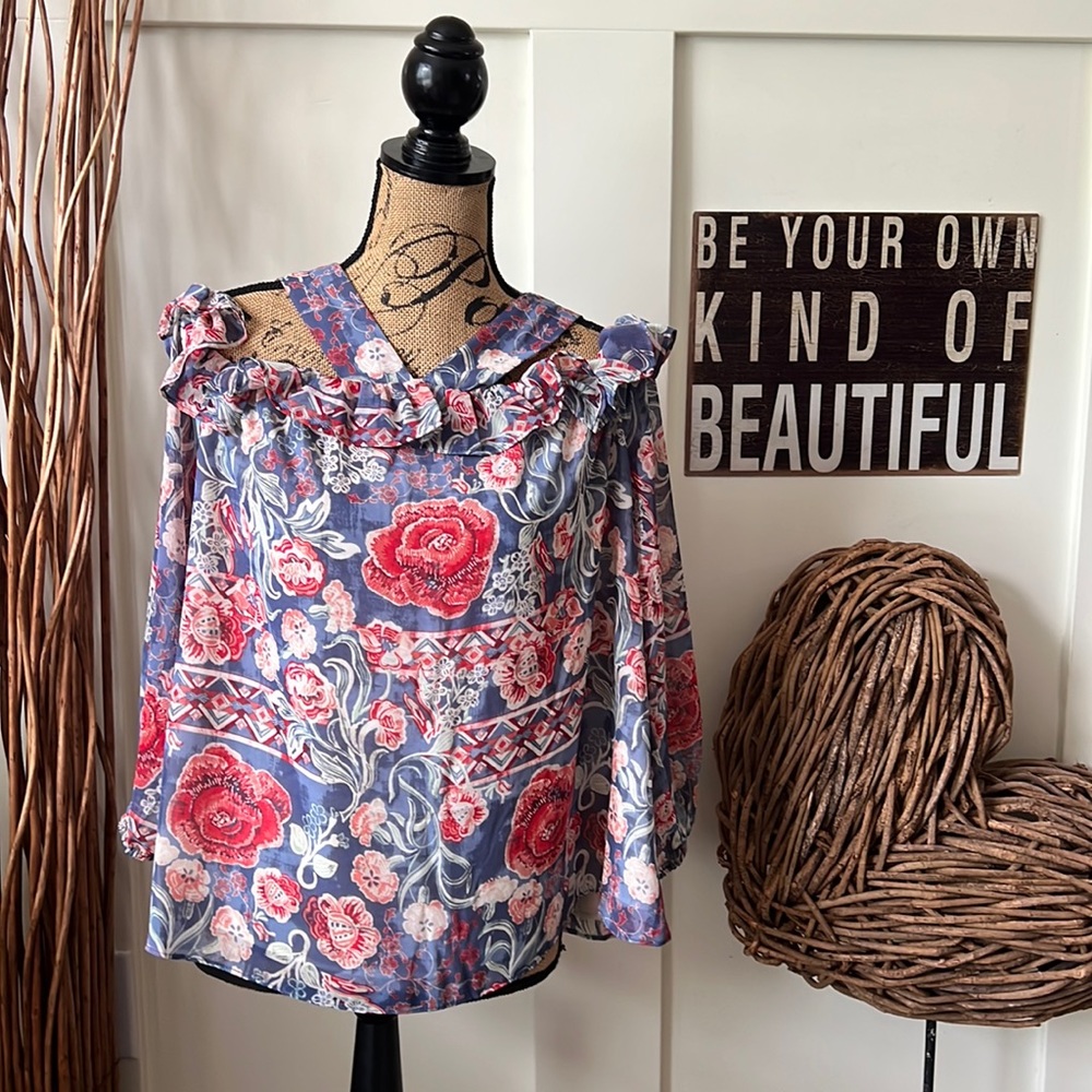 Cato Ruffled On/Off Shoulder Red Blue And Cream Floral Top